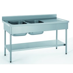 Plonge adossée 2 bacs égouttoir avec étagère