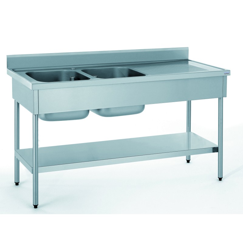 Plonge adossée 2 bacs égouttoir avec étagère